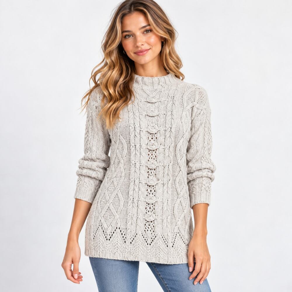 The Lodge Cable-Knit Sweater Womens Size L Cottage Coastal Vintage Romantic